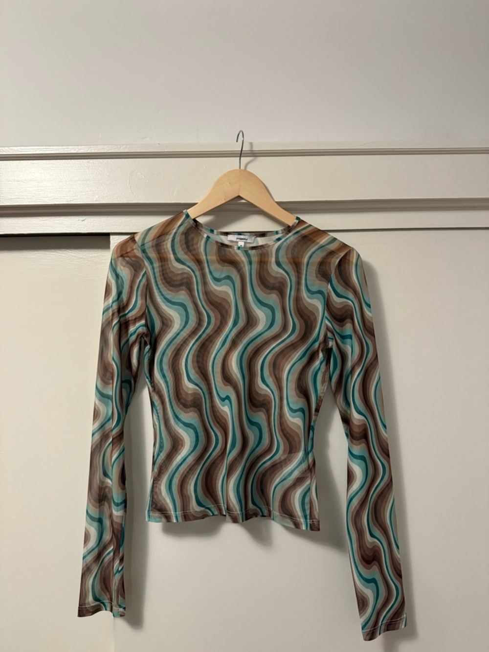 Miaou Long Sleeve Mesh Print Top in Teal & Brown